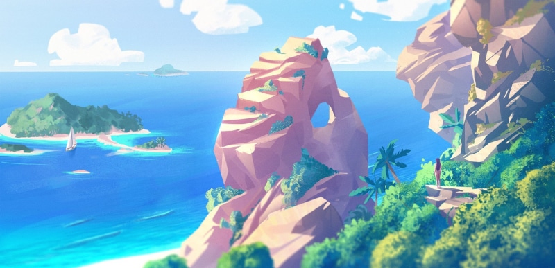 day, sea, ocean, trip, beauty in nature, palm trees, mountain peak, 1080P, sky, near, sunlight, travel destinations, mountain, artwork, digital art, water