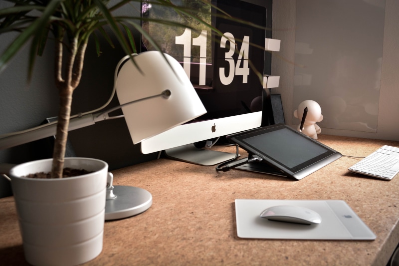 wireless technology, potted, mug, technology, communication, furniture, office, plant, white, computer, imac, green, indoors, computer Keyboard, desk, des