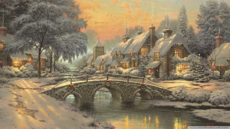 reflection, arch bridge, city, travel destinations, river, tree, bridge, painting, no people, plant, concrete, outdoors, Thomas Kinkade, connection, 1080P
