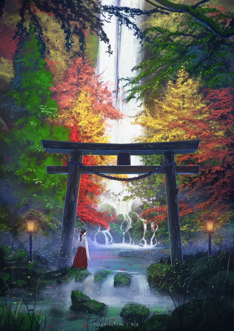 720P, change, footbridge, tranquil scene, outdoors, water, Japanese, women, lamp, day, drawing, bridge - man made structure, autumn, stones, land, flowing