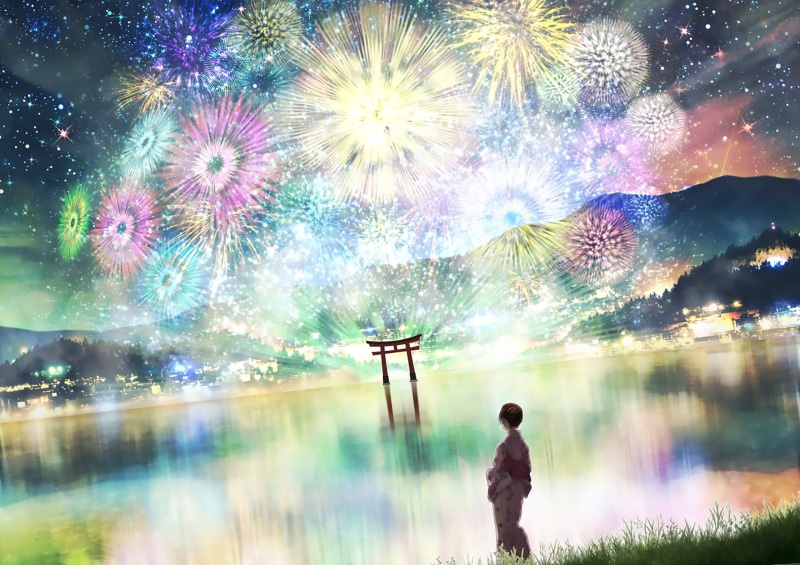Girl, rear view, men, firework, Stars, celebration, Night, Torii, nature, 1080P, Fireworks, outdoors, firework - man made object, Original, firework display