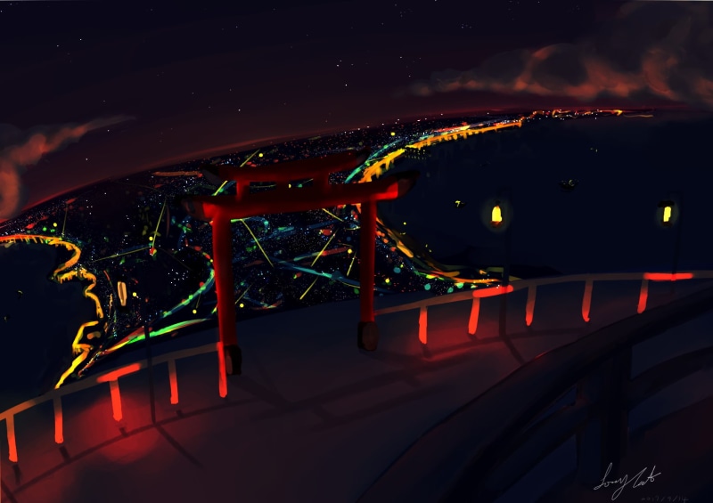 torii, mode of transportation, architecture, clouds, artwork, city lights, railing, transportation, ferris wheel, sky, sea, lights, lake, arts culture and entertainment