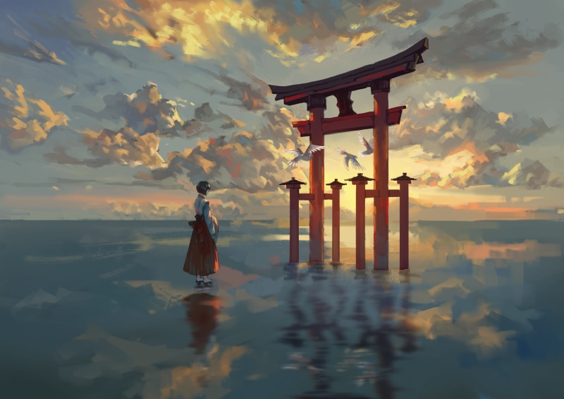 scenic, spirituality, tranquil scene, 2K, birds, waterfront, belief, reflection, anime girl, sunset, religion, tranquility, miko, Anime, sky, beach, clouds