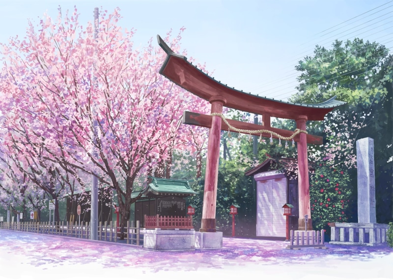 cherry tree, shrine, blossom, architecture, Anime, nature, park, place of worship, anime shrine, 720P, no people, beauty in nature, built structure, religion