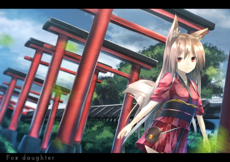 anime girls, Japanese clothes, torii, 1080P, red eyes, long hair, anime, animal ears