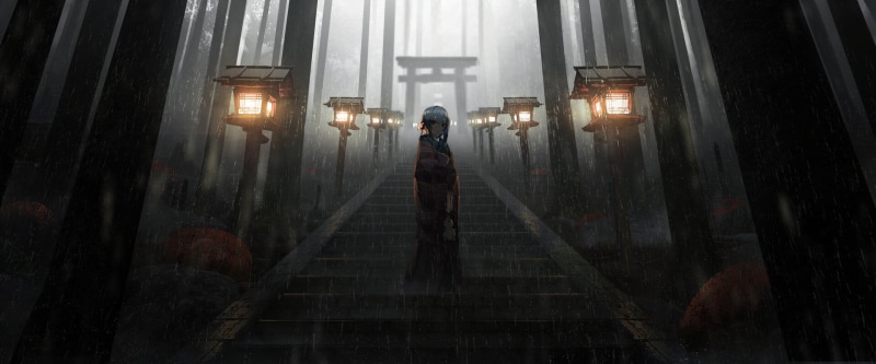 dress, lantern, forest, torii, Astero, digital art, women, 1080P, stairs, rain