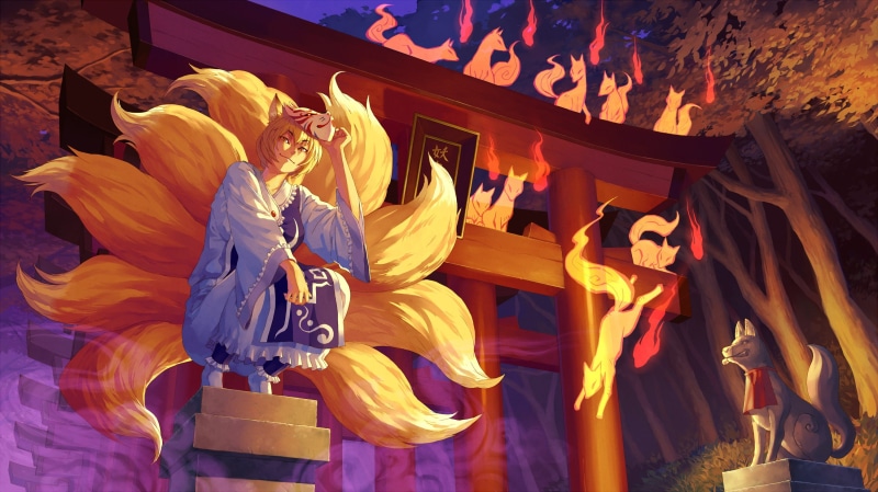 yakumo, blondes, ears, foxes, squatting, hair, gate, fox, touhou, spirit, golden, eyes, kitsune, dress, tails, games, sacred, fire, short, yellow, 2K
