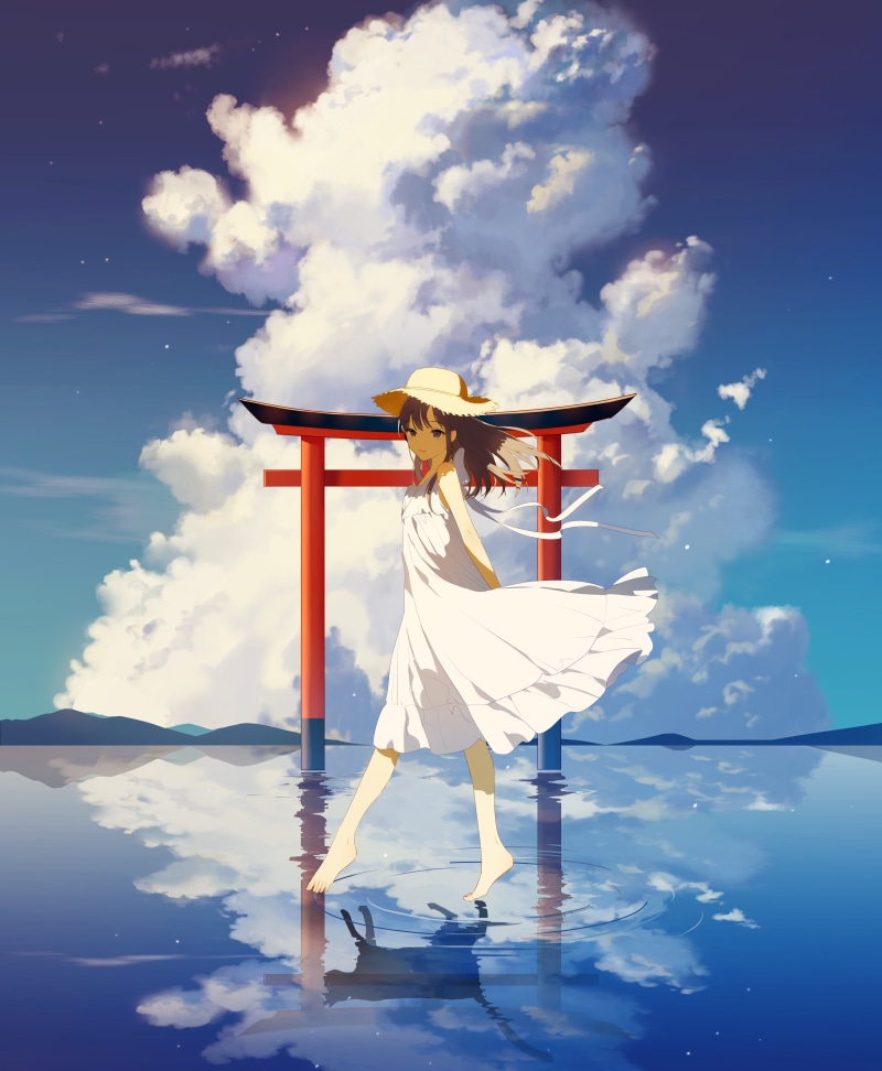 clouds, portrait display, anime, torii, 4K, anime girls