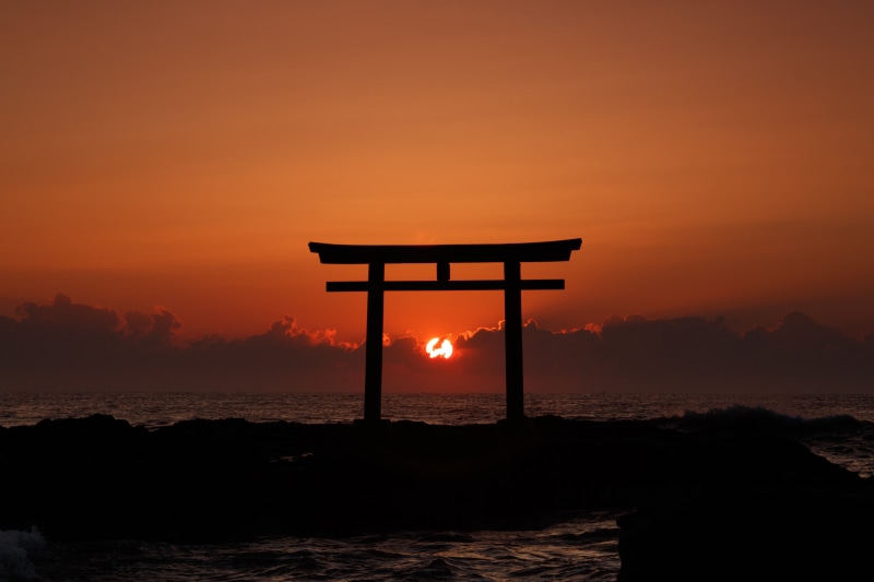 architecture, nature, beach, torii, sky, horizon over water, idyllic, non-urban scene, arch, shrine, scenics - nature, land, orange color, 5K, horizon
