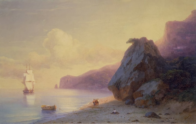 beach, pictura, art, rock, painting, luminos, Seashore, 1080P, purple, ivan aivazovsky, summer, ship
