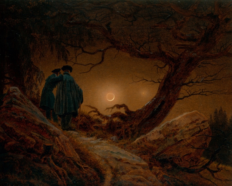 caspar david friedrich, art, Two Men Contemplating the Moon, man, painting, luminos, pictura, luna, moon, night, couple, 1080P