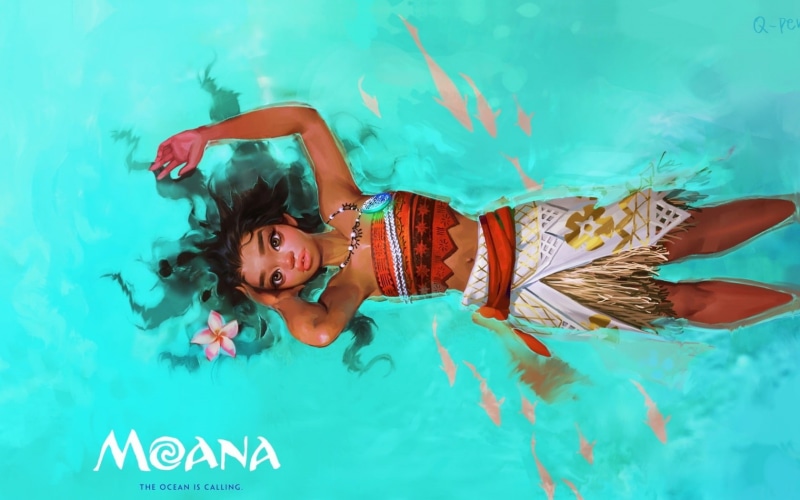 girl, q peng, Moana, luminos, fantasy, blue, art, summer, 720P, fanart, water, disney