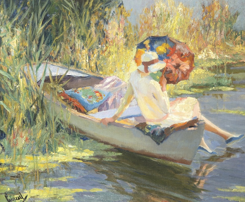 painting, boat, woman, edward cucuel, art, Quiet waters, summer, 1080P, pictura, water, umbrella