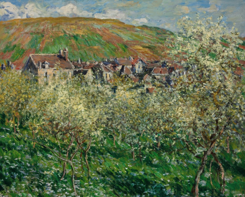 building, summer, clouds, mountains, landscape, mountain, land, plants, green color, outside, outdoors, Painting, Claude Monet, spring, high angle view