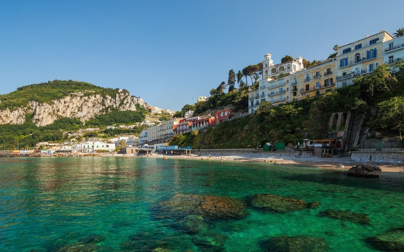 Houses, beach, near, City, Italy, Island, Sea, Coast, commercial, Capri, 1080P, Rocks, buildings, Anacapri