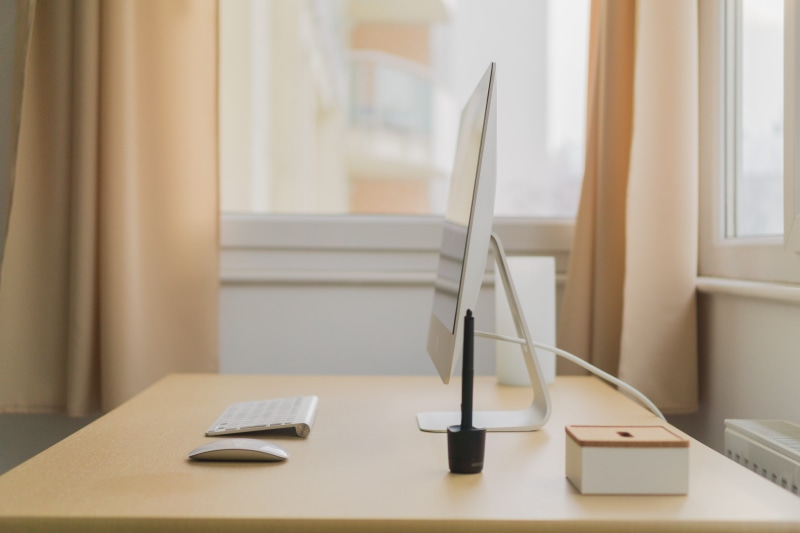 business, office, day, monitor, curtain, working, screen, minimalist, white, connection, keyboard, 5K, indoors, technology, apple, furniture, window, apple mac