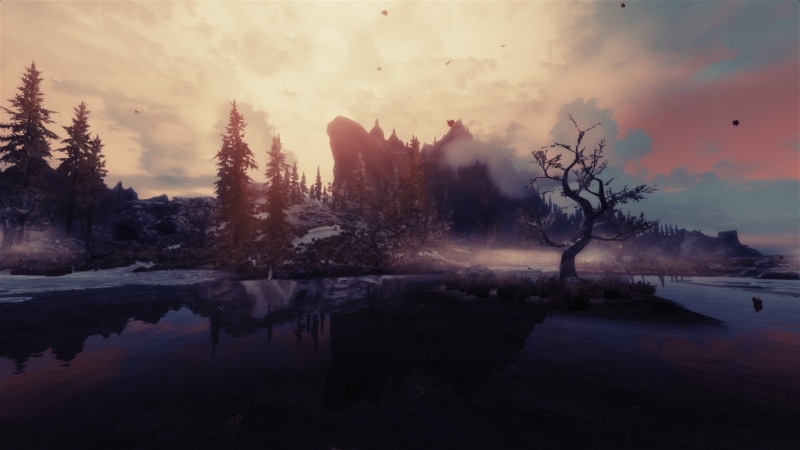 scenics - nature, 1080P, The Elder Scrolls V: Skyrim, outdoors, sky, beauty in nature, sunset, sun, cloud - sky, no people, tree, plant, lake, tranquility
