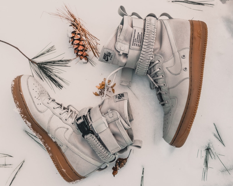 air, nike, snow, plant, white, no people, pair, directly above, shoes, 4K, representation, feather, gray, winter, shoe, force, high, choice, animal representation