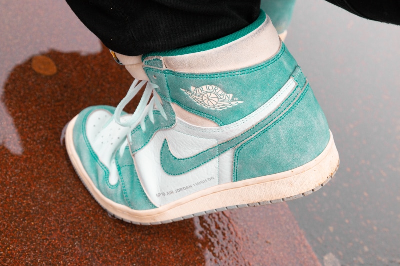 human limb, close-up, jordan, clothing, human leg, white, still life, turquoise colored, nike jordan, apparel, indoors, day, pair, person, sp 19, hat, adult