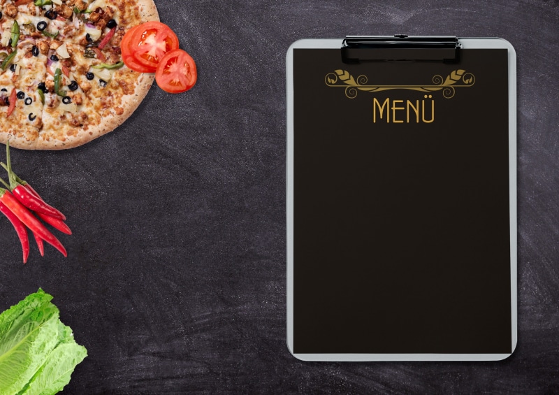 recipe, healthy food, studio shot, spice, eat, clipboard, temptation, cafe, freshness, delicious, vegetarian food, label, table, tomatoes, menu, pizza