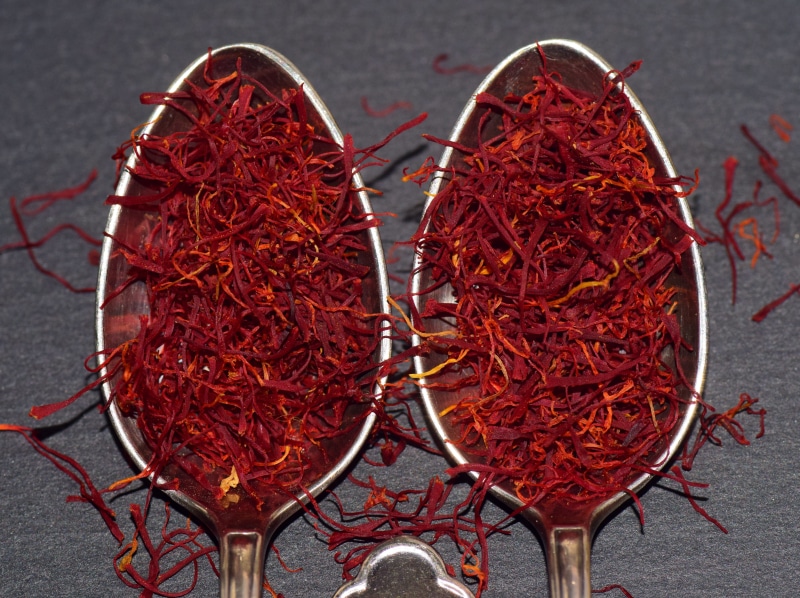 eat, refine, two, taste, day, 5K, aroma, spice, food and drink, seafood, still life, spoons, directly above, saffron strands, no people, studio shot, food