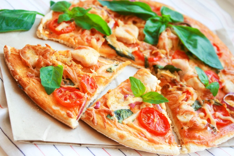 no people, food, 1080P, tomatoes, meat, cheese, ready-to-eat, close-up, pizza, basil, herb, vegetable, italian food, snack, dairy product, temptation
