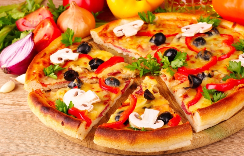 ham, dinner, lunch, basil, cheese, dough, heat - Temperature, olive, edible Mushroom, dairy product, pieces, refreshment, fast food restaurant, savory Sauce
