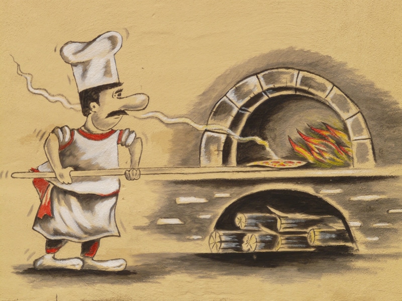 wall - building feature, painting, wood burning stove, arts And Entertainment, no people, religion, bake, representation, human representation, wood fired pizzas
