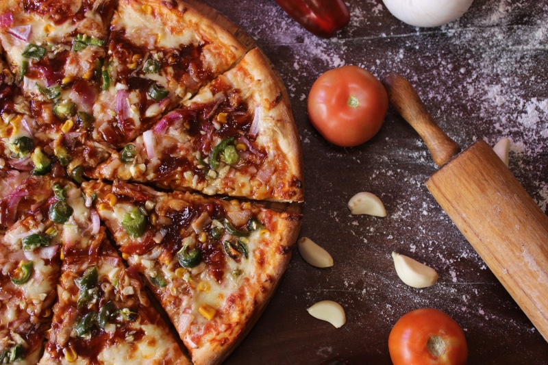 no people, baked pastry item, healthy, snack, cheese, more hot, food, preparation, high angle view, meat, pizza, herb, culinary art, preparing food, beside