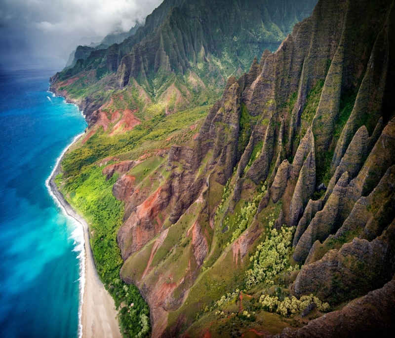non-urban scene, eroded, idyllic, Kauai, cloud - sky, cliff, view, tropical, water, mountain, coast, nature, day, mountains, rock, scenics - nature, tranquil scene