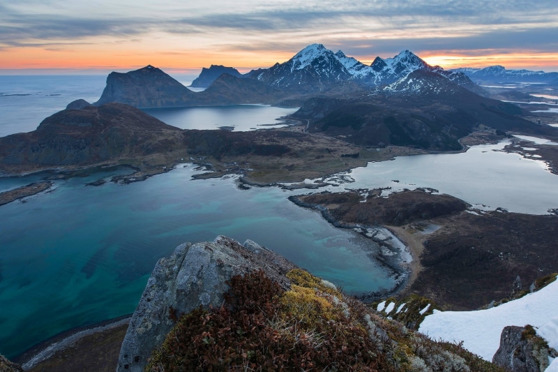 aerial, cold temperature, Lofoten Islands, mountain peak, spring, mountain range, sky, snow, mountain, sunset, view, sea, sunlight, no people, idyllic