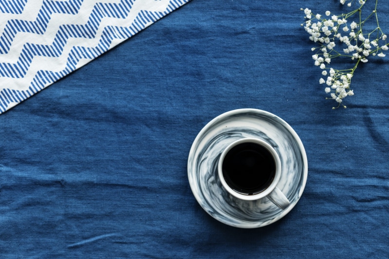 design, drink, plant, directly above, textile, lifestyle, feminine, 1080P, still life, morning, house, cup, preparation, blue background, no people, mug