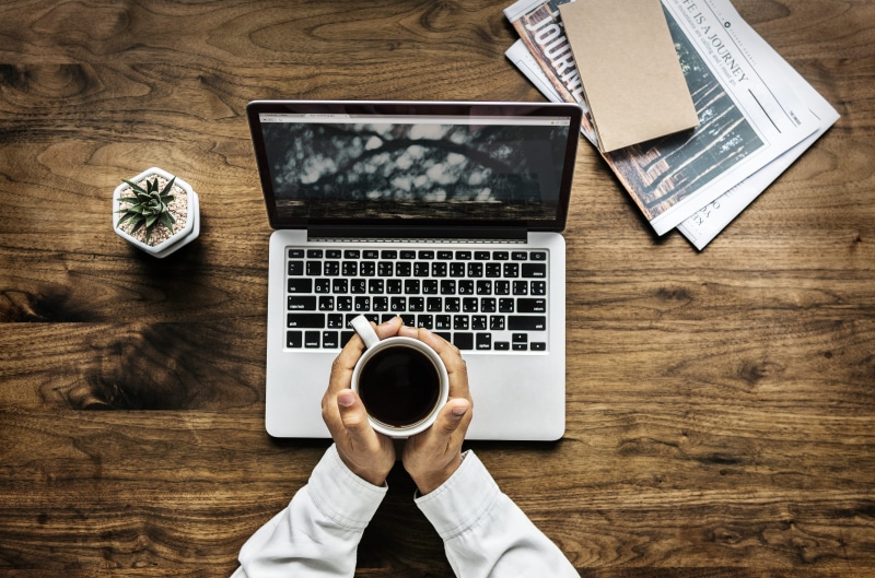 macbook, cup, 4K, high angle view, top view, men, wooden table, flat lay, computer, drinking, working, table, wireless, indoors, photography, close-up