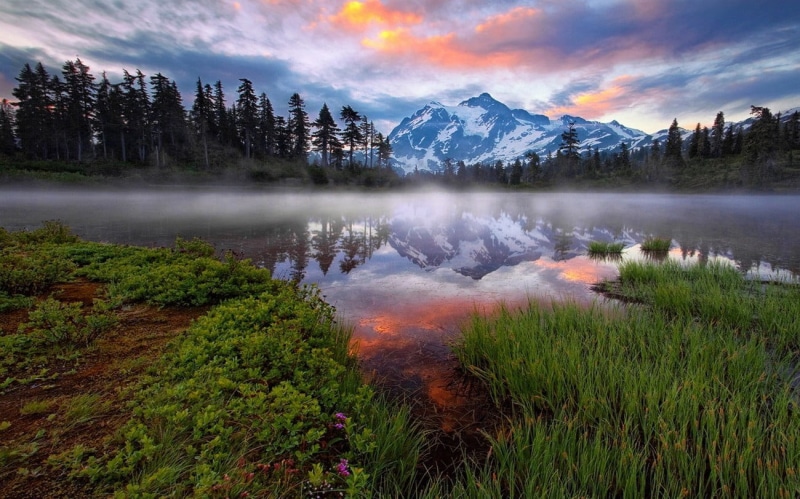 beauty in nature, water, environment, outdoors, reflection, mist, snowcapped mountain, nature, forest, landscape, tranquil scene, mountain, formation, plant