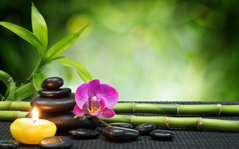 towels, bamboo, orchid, massage, stones, pink, bokeh, candles, lucky, mood, black, green, heart, orchids, 2K