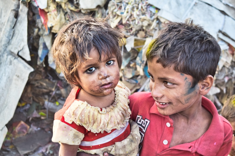 portrait, child, poor, carrying, happy, boy and girl, offspring, brother, togetherness, bonding, childhood, slums, people, india, family, positive emotion