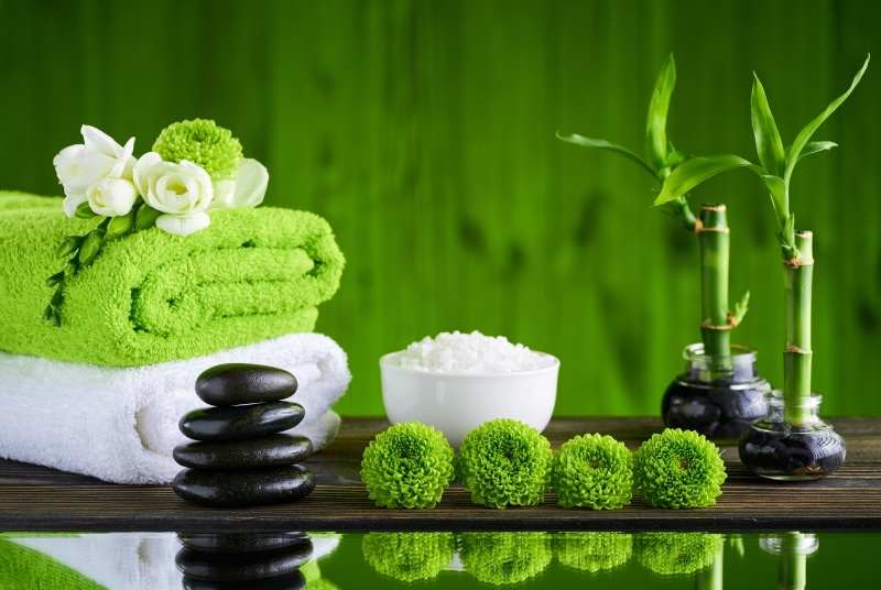 Spa, 5K, Zen, Man Made, Stone, Reflection, Bamboo, Towel, White Flower, Green