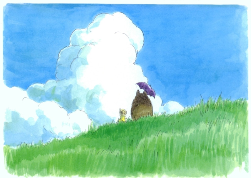 Studio Ghibli, auto post production filter, cloud - sky, grass, low angle view, plant, outdoors, mammal, nature, one animal, anime, animal, transfer print