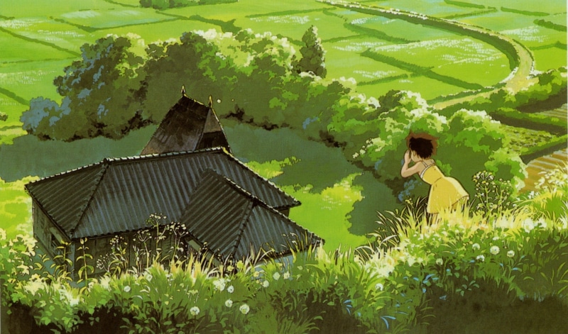land, building exterior, My Neighbor Totoro, outdoors, Studio Ghibli, plant, rural scene, architecture, nature, day, building, people, leaf, agriculture