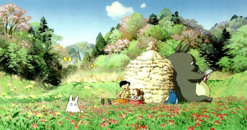 no people, My Neighbor Totoro, tranquil scene, sunlight, grass, sky, flowering plant, tranquility, anime, scenics - nature, field, tree, plant, green color