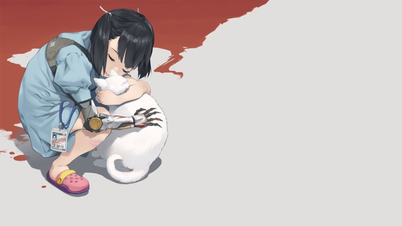 young adult, high angle view, teenager, copy space, studio shot, sad, colored background, women, indoors, one person, anime, men, cat, casual clothing