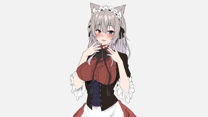 anime, maid, nekomimi, minimalism, heterochromia, 1080P, manga, anime girls, simple background, gray hair