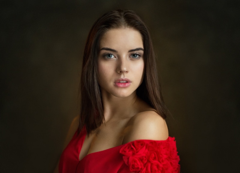 red, women, headshot, studio shot, off shoulder, hair, beauty, fashion, black background, young adult, Tatyana Kozelkina, front view, one person, top, 1080P