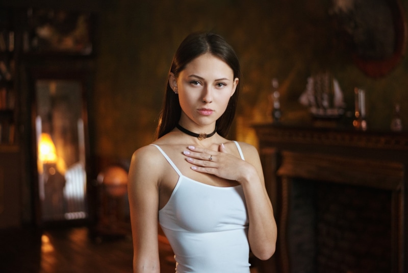 looking at camera, beautiful woman, Catherine Timokhina, top, one person, young adult, strap, choker, white, front view, s, contemplation, clothing, brown hair