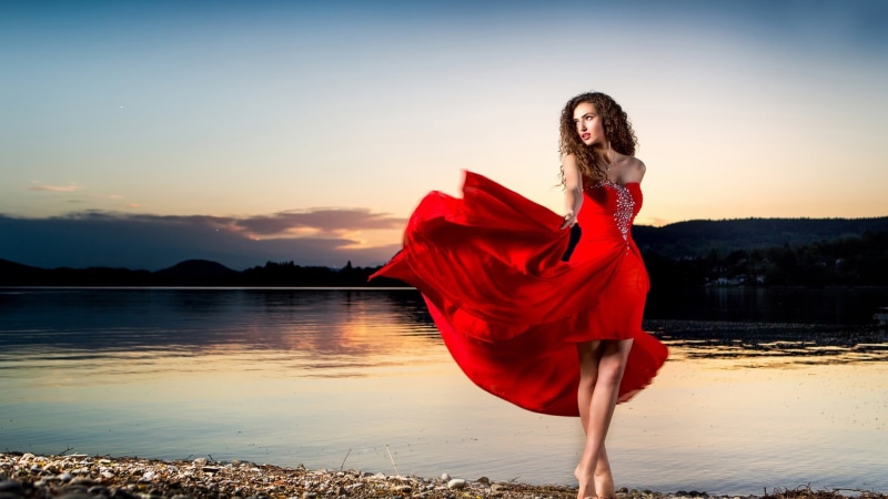 young women, dress, hairstyle, red, s, beauty, clothing, red dress, young adult, sky, hem, water, outdoors, nature, fashion photography, real people, sunset