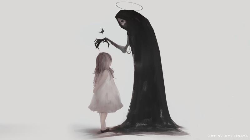 artwork, simple background, digital art, death, children, Aoi Ogata, minimalism, illustration, 1080P, black clothing
