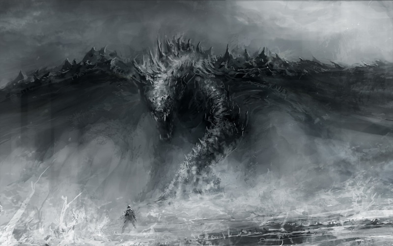 abstract, sea, creature, fantasy art, fighting, demon, artwork, digital painting, warrior, gray, 1080P, monochrome, digital art, dragon