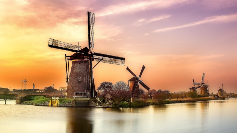 europe, kinderdijk, sunset, dutch village, waterway, village, canal, unesco world heritage site, 4K, energy, evening, holland, unesco world heritage, sky