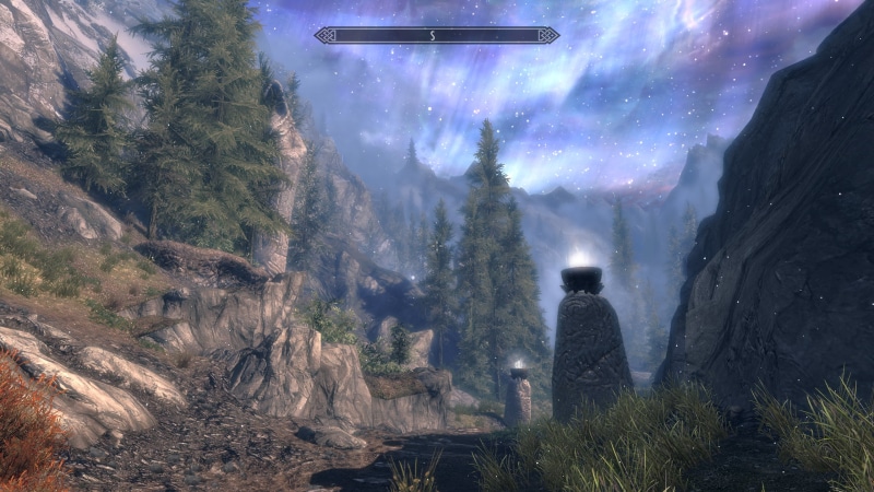 Sun, plants, starscape, video games, nature, wood, Colorful leaves, statue, rocks, screen shot, flowers, spring, night, sunlight, The Elder Scrolls V: Skyrim