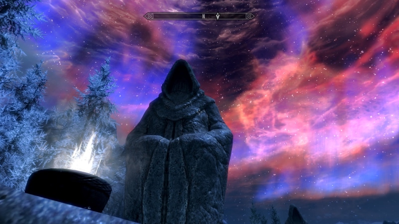 rocks, building, green, Bethesda Softworks, aurorae, The Elder Scrolls, winter, Gaming Series, space, forest, video games, torch lamp, water, moon rays
